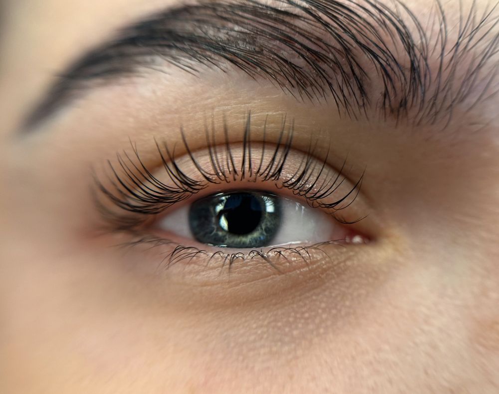 Auge mit gelifteten, gefärbten Wimpern